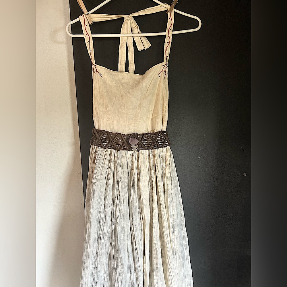 Vintage Y2K Boho Hippie Cotton Gauze Embroidered Halter Maxi Dress Size M-XL